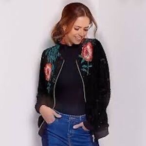 Gianni Bini Sequin Bomber Jacket Size Small Black Embroidered Flowers